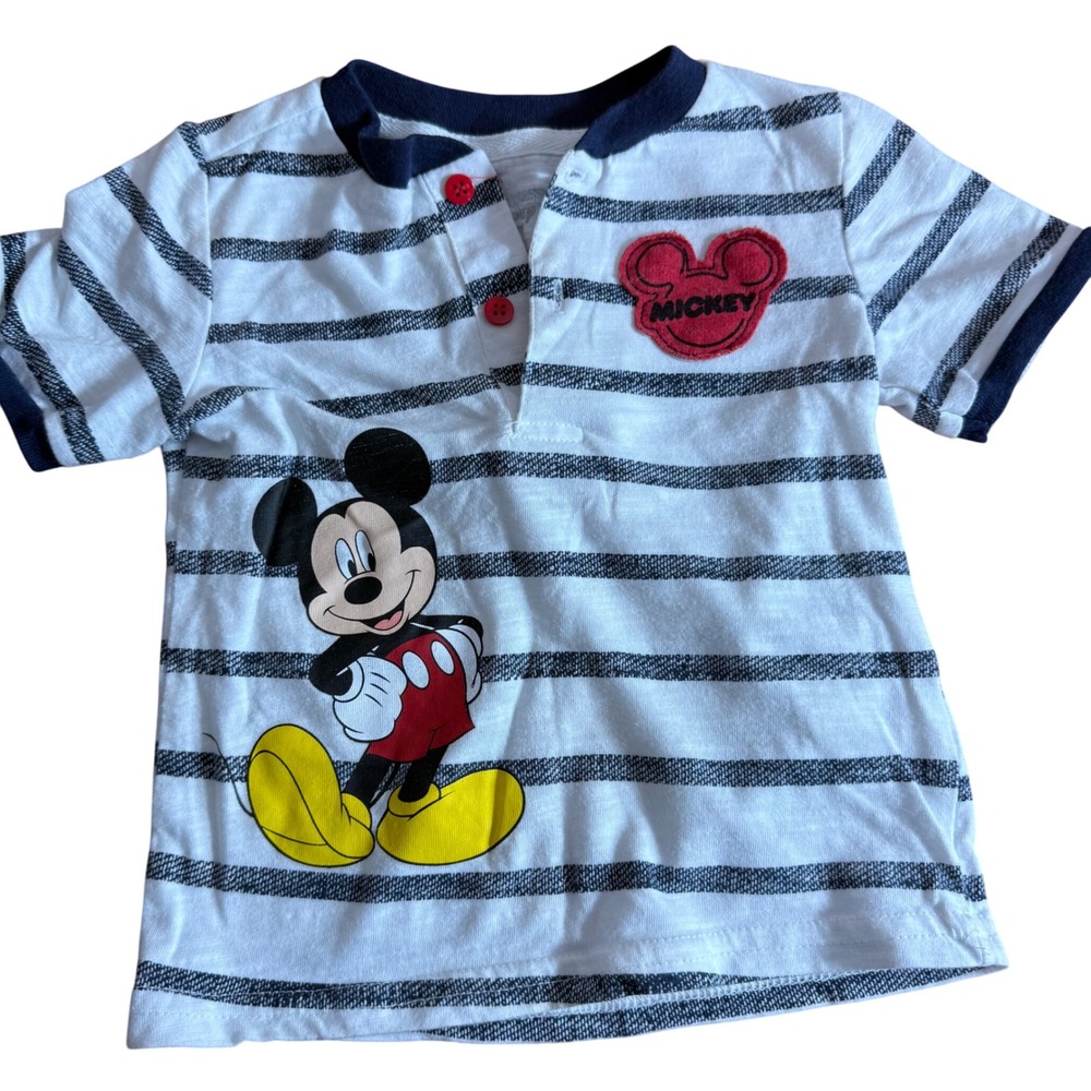 Disney Mickey Mouse Polo Shirt Striped Applique Short Sleeve Top 12M